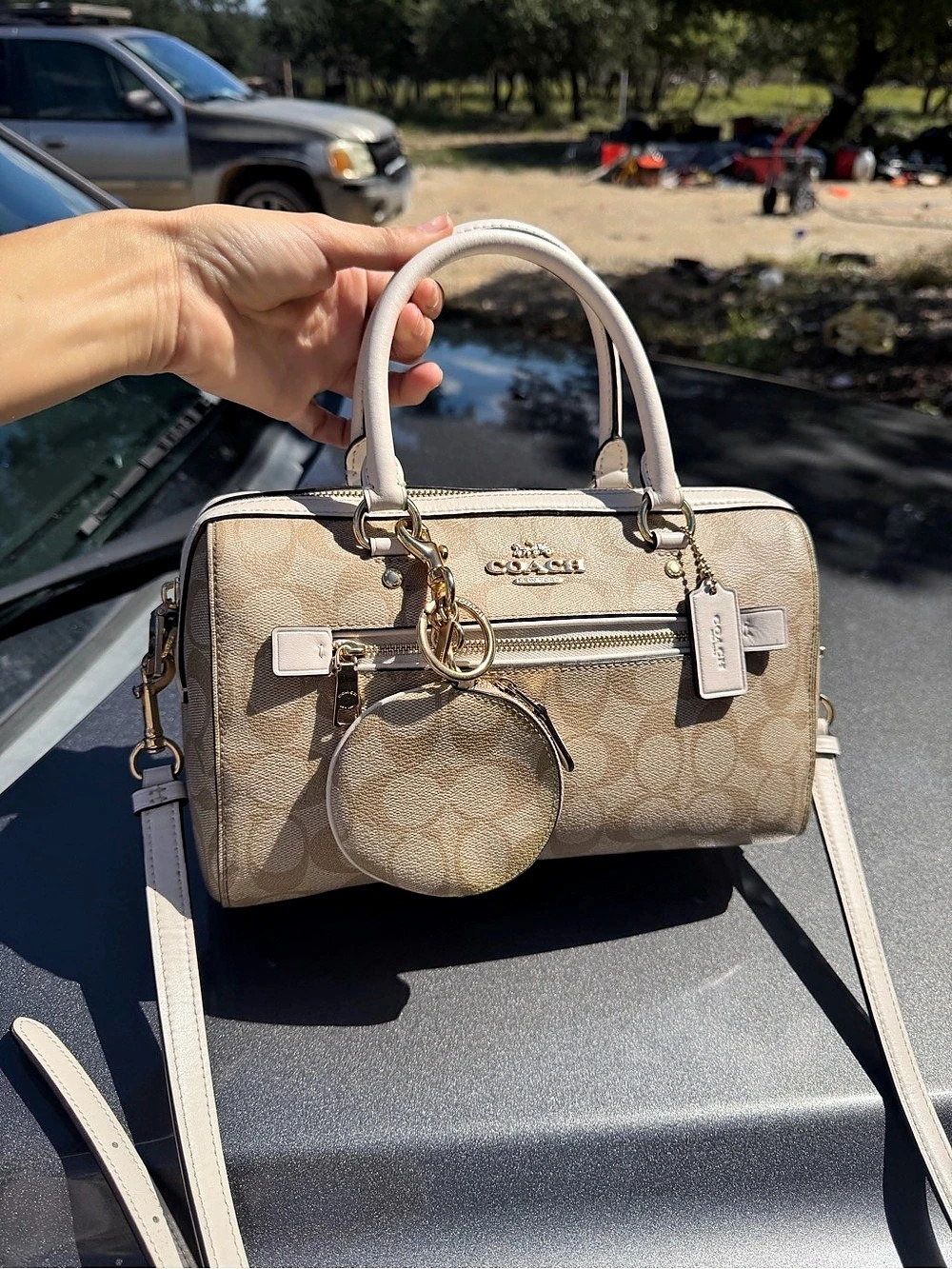 COACH Rowan Satchel In Signature Canvas With Mini Round Pouch Beige & White